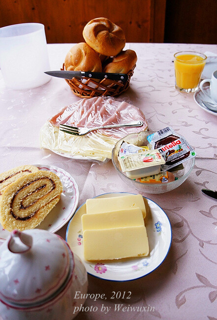 跟之前在萨尔茨堡旅馆里吃到的早餐差不多，基本上都是冷食。面包、火腿、奶酪，各种面包蘸酱，蛋糕，还有果汁、牛奶和咖啡。