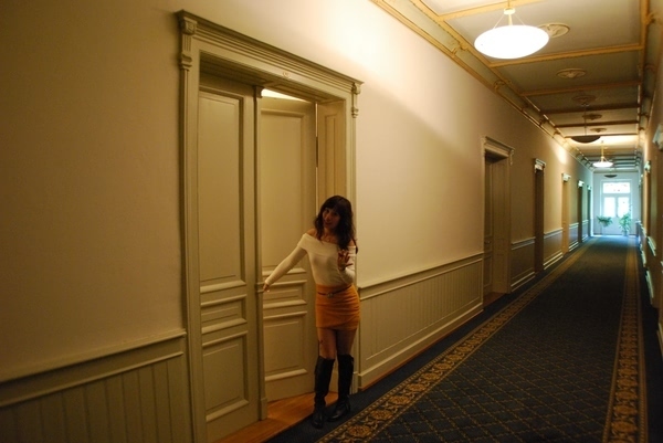 沿着古典走廊，找到房间，双开的大门