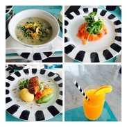 只看懂了菜单中的部分单词，默默点了两个套餐。海鲜粥很美味，玉米饼已能填满我空空如也的肚纸！有个太阳蛋就更好了